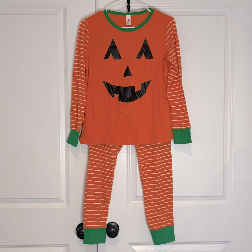 Jack O Lantern Pumpkin Orange Stripe Long Sleeve Pants Pajama Set Costume M